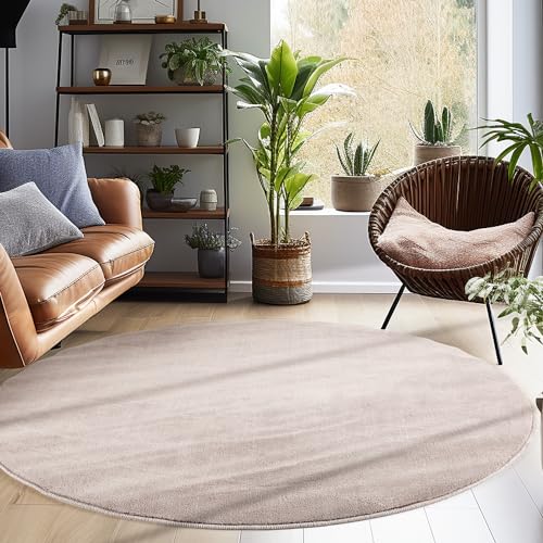 Carpettex Teppich Wohnzimmer Anti-Rutsch Teppich Waschbar in Waschmaschine 200 cm Rund Beige - Moderner Flauschiger Kurzflor Teppich Extra Weich Schlafzimmer Küche Flur Esszimmer Kinderzimmer von Carpettex Teppich