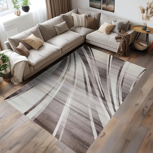 Carpettex Teppich Wohnzimmer Kurzflor 140 x 200 cm Modern Abstrakt Wellen Design Braun - Teppich Schlafzimmer Extra Weich Flauschig Waschbar Küchenteppich - Esszimmer Kinderzimmer Wohnzimmerteppich von Carpettex Teppich