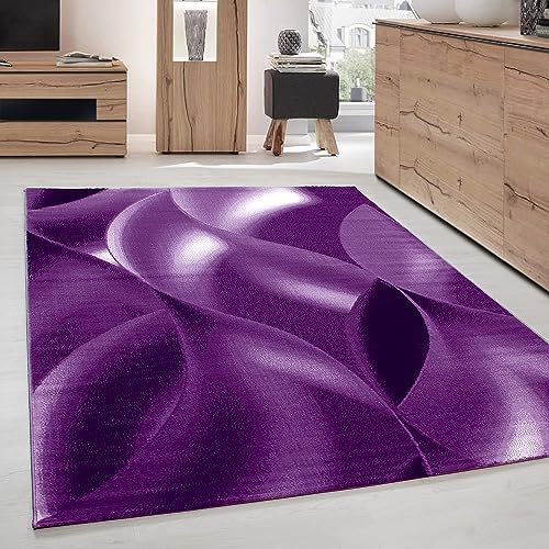 Modern Kurzflor Teppich Wohnzimmer Abstrakt Wellen Design Pflegeleicht, Farbe: Lila, Größe: 160 x 230 cm von Carpettex Teppich