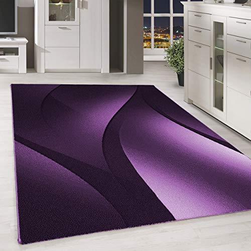 Modern Kurzflor Teppich Wohnzimmer Abstrakt Wellen Design Pflegeleicht, Farbe: Lila, Größe: 200 x 290 cm von Carpettex Teppich