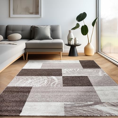 Carpettex Wohnzimmer Teppich Kurzflor 80 x 150 cm - Läufer Flur Modern Abstrakt Kariert Design Braun - Bettvorleger Schlafzimmer Weich Flauschig Waschbar Küchenläufer Esszimmer von Carpettex Teppich