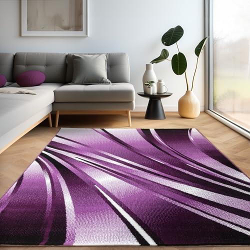 Carpettex Teppich Wohnzimmer Kurzflor 80 x 150 cm Läufer Flur Teppich Modern Abstrakt Wellen Design Lila - Teppich Bettvorleger Schlafzimmer Weich Flauschig Waschbar Küchenläufer - Esszimmer Teppiche von Carpettex Teppich