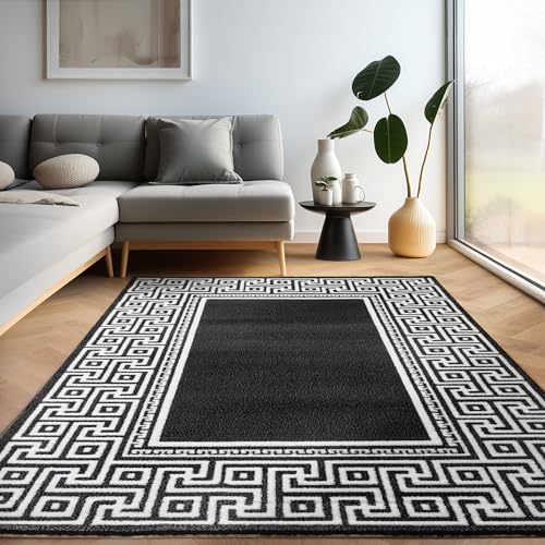 Carpettex Teppich Wohnzimmer Kurzflor 80 x 150 cm Läufer Flur Teppich Modern Mäander-Design Schwarz - Teppich Bettvorleger Schlafzimmer Weich Flauschig Waschbar Küchenläufer - Esszimmer Teppiche von Carpettex Teppich