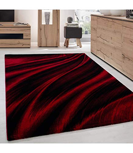 Modern Kurzflor Teppich Wohnzimmer Schlafzimmer Abstrakt Wellen Design Pflegeleicht, Farbe: Rot, Größe: 80 x 300 cm von Carpettex Teppich