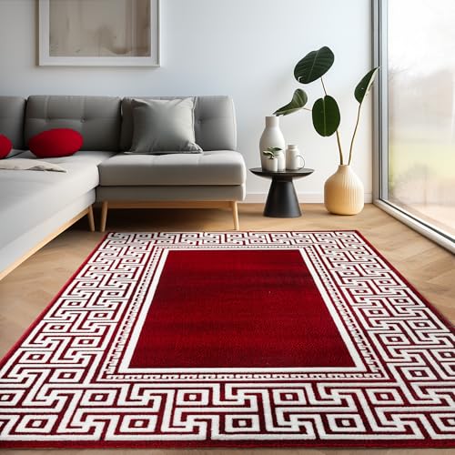 Carpettex Teppich Wohnzimmer Kurzflor 80 x 300 cm Läufer Flur Teppich Modern Mäander-Design Rot - Teppich Bettvorleger Schlafzimmer Weich Flauschig Waschbar Küchenläufer - Esszimmer Teppiche von Carpettex Teppich