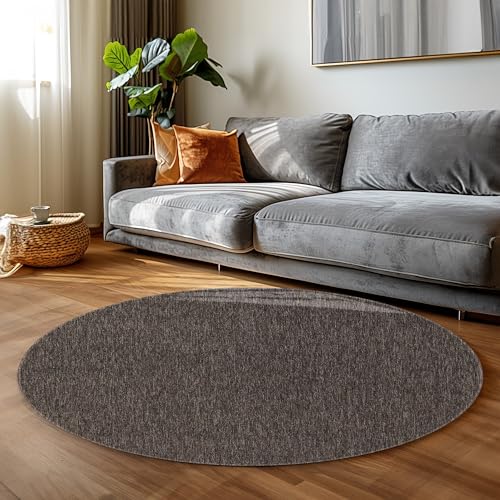 Teppich Kurzflor Flachgewebe Schlingenteppich meliert Pflegeleicht für Wohnzimmer Schlafzimmer, Farbe: Braun, Größe: 120 cm Rund von Carpettex Teppich