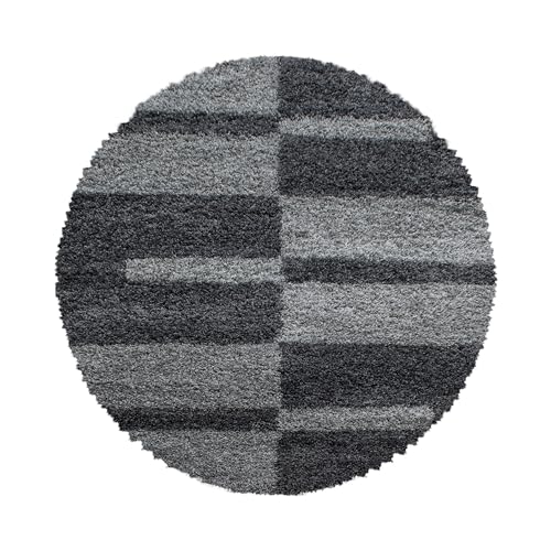Carpettex Hochflor Teppich - Wohnzimmer Shaggy Flokati Modern Kariert Design 200 cm Rund Grau - Schlafzimmer Weich Flauschig Waschbar - Küche Esszimmer Langflor von Carpettex Teppich