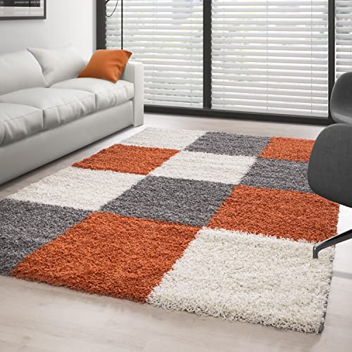 Carpettex Hochflor Teppich Wohnzimmer Shaggy Flokati Teppich Modern Kariert Design 120 x 170 cm Terrakotta - Teppich Schlafzimmer Weich Flauschig Waschbar Teppich Küche Esszimmer - Langflor Teppiche von Carpettex Teppich