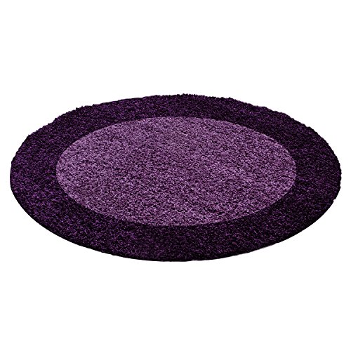 Carpettex Hochflor Teppich Wohnzimmer Shaggy Flokati Teppich Modern Bordüre Design 200 cm Rund Violett - Teppich Schlafzimmer Weich Flauschig Waschbar Teppich Küche Esszimmer - Langflor Teppiche von Carpettex Teppich