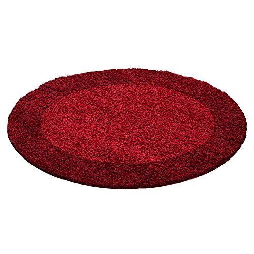 Carpettex Hochflor Teppich Wohnzimmer Shaggy Flokati Teppich Modern Bordüre Design 120 cm Rund Rot - Teppich Schlafzimmer Weich Flauschig Waschbar Teppich Küche Esszimmer - Langflor Teppiche von Carpettex Teppich