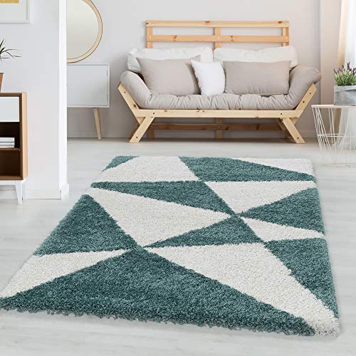 Hochflor Teppich Langflor Mäander Design Flauschig Weich Shaggy Teppich Wohnzimmer, Farbe: Blau, Größe: 80 x 250 cm von Carpettex Teppich