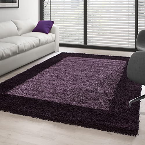 Carpettex Hochflor Teppich Wohnzimmer Shaggy Flokati Teppich Modern Bordüre Design 80 x 150 cm Flur Teppich Läufer Violett - Teppich Bettvorleger Schlafzimmer Weich Flauschig Waschbar Küchenläufer von Carpettex Teppich