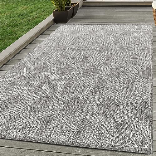In & Outdoor Teppich Geometrisch Design Wetterfest für Terrasse Balkon Küche oder Wohnzimmer Teppich, Farbe: Grau, Größe: 140 x 200 cm von Carpettex Teppich