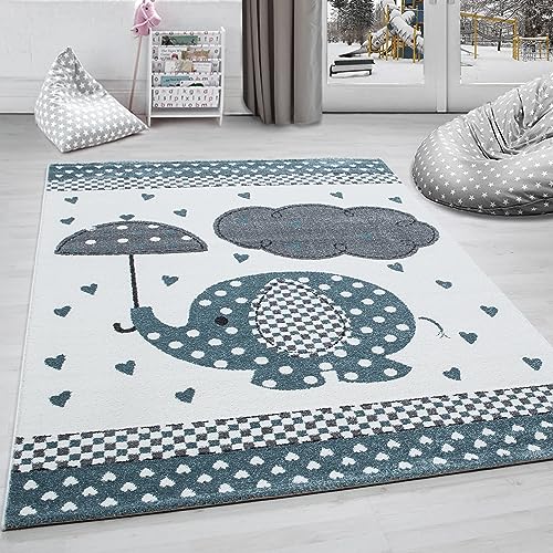 Carpettex Kinderteppich Elefant Design Blau 200 x 290 cm - Kurzflor Teppich Kinderzimmer für Mädchen Jungen Pflegeleicht Weich - Waschbarer Spielteppich Babyteppich Gaming Teppich Babyzimmer 200x300 von Carpettex Teppich