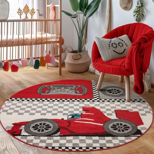 Carpettex Kinderteppich Rennwagen Design Rot 160 cm Rund - Kurzflor Teppich Kinderzimmer für Mädchen und Jungen Pflegeleicht Weich - Waschbarer Spielteppich Babyteppich Gaming Teppich Babyzimmer von Carpettex Teppich