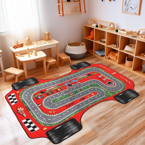 Carpettex Kinderteppich rutschfest | Rennstrecke und Rennwagen Design 100 x 150 cm | Kein Abwurf | Kurzflor und Waschbarer Spielteppich für Kinderzimmer für Mädchen und Jungen | Rot, Auto von Carpettex Teppich