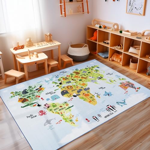 Carpettex Kinderteppich rutschfest | Weltkarte mit Tieren Design 100 x 150 cm | Kein Abwurf | Kurzflor und Waschbarer Spielteppich für Kinderzimmer für Mädchen und Jungen | Blau Meer, Pinguin, Wal von Carpettex Teppich