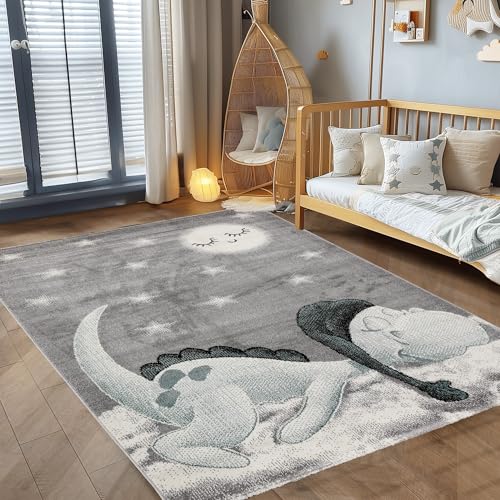 Kinderteppich Kinderzimmer Dinosaurier Design Kinder Teppich Babyzimmer Weicher Flor, Farbe: Blau, Größe: 200 x 290 cm von Carpettex Teppich