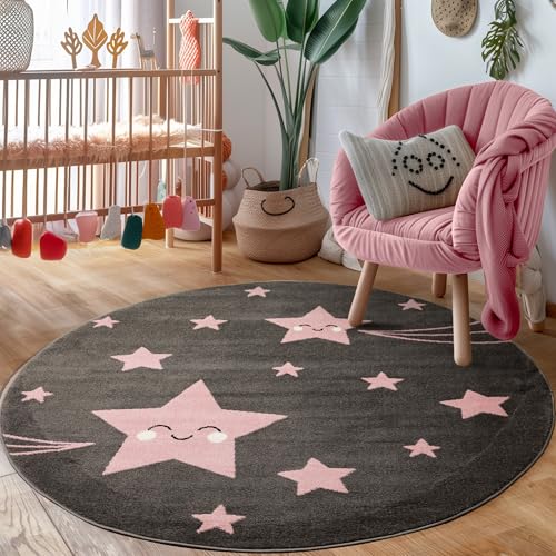 Carpettex Kinderteppich süße Stern Design Pink 120 cm Rund - Kurzflor Teppich Kinderzimmer für Mädchen und Jungen Pflegeleicht Weich - Waschbarer Spielteppich Babyteppich Gaming Teppich Babyzimmer von Carpettex Teppich