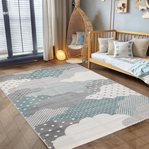 Kinderteppich Kinderzimmer Wolke Design Kinder Teppich Babyzimmer Weicher Flor, Farbe: Blau, Größe: 120 x 170 cm von Carpettex Teppich