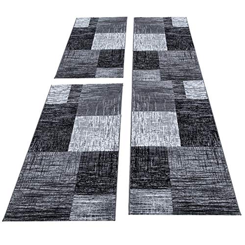 Kurzflor Läufer Set 3 Teilig Weich & Soft Bettumrandung Schlafzimmer Flur Teppich 6 mm Florhöhe Farbe Grau Schwarz Meliert, Farbe:Schwarz, Bettset:2 mal 80x150 cm + 1 mal 80x300 cm von Carpettex Teppich
