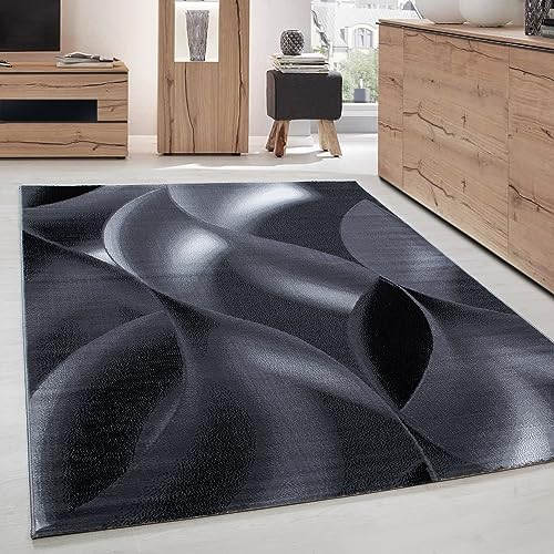 Carpettex Teppich Wohnzimmer Kurzflor 200 x 290 cm Schwarz Modern Abstrakt Wellen Design -Teppich Schlafzimmer Flauschig Weich Waschbar Küchenteppich Teppich Esszimmer Kinderzimmer Wohnzimmerteppich von Carpettex Teppich