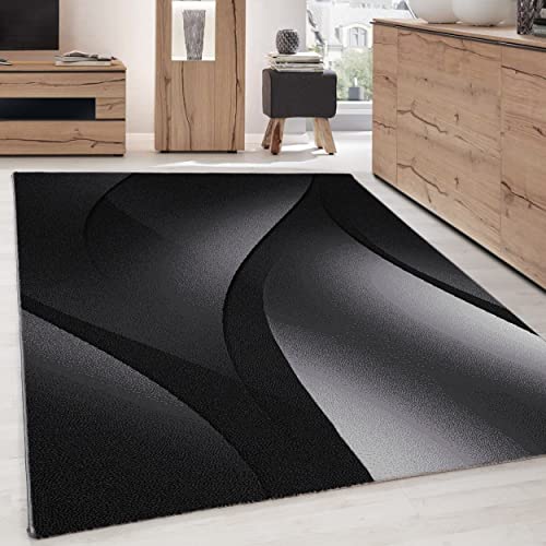 Modern Kurzflor Teppich Wohnzimmer Abstrakt Wellen Design Pflegeleicht, Farbe: Schwarz, Größe: 240 x 340 cm von Carpettex Teppich