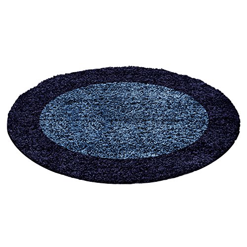 Carpettex Hochflor Teppich Wohnzimmer Shaggy Flokati Teppich Modern Bordüre Design 120 cm Rund Marineblau - Teppich Schlafzimmer Weich Flauschig Waschbar Teppich Küche Esszimmer - Langflor Teppiche von Carpettex Teppich