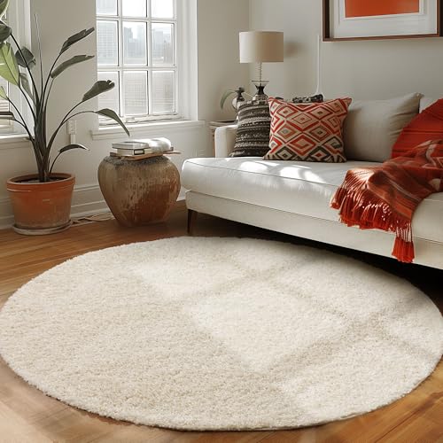Runder Teppich Wohnzimmer Hochflor Einfarbiges Design Langflor Shaggy Modern Flauschig, Farbe: Creme, Größe: 200 cm Rund von Carpettex Teppich
