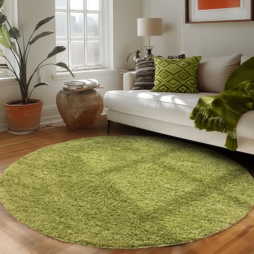 Runder Teppich Wohnzimmer Hochflor Einfarbiges Design Langflor Shaggy Modern Flauschig, Farbe: Grün, Größe: 160 cm Rund von Carpettex Teppich