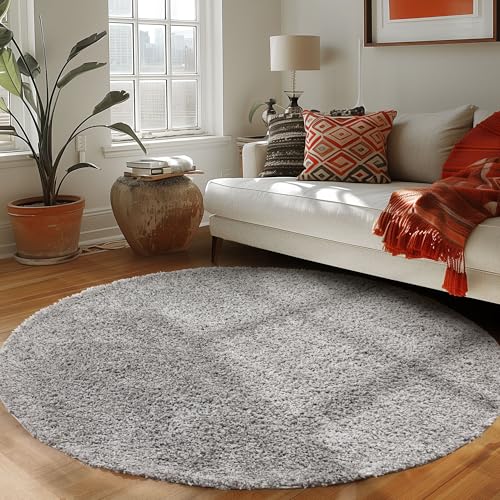 Runder Teppich Wohnzimmer Hochflor Einfarbiges Design Langflor Shaggy Modern Flauschig, Farbe: Hellgrau, Größe: 200 cm Rund von Carpettex Teppich