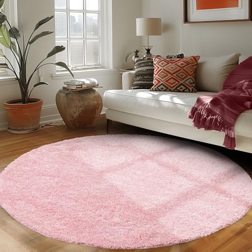 Runder Teppich Wohnzimmer Hochflor Einfarbiges Design Langflor Shaggy Modern Flauschig, Farbe: Rosa-1, Größe: 160 cm Rund von Carpettex Teppich