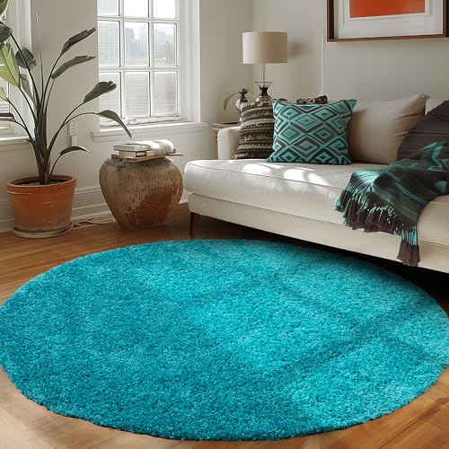 Runder Teppich Wohnzimmer Hochflor Einfarbiges Design Langflor Shaggy Modern Flauschig, Farbe: Türkis, Größe: 120 cm Rund von Carpettex Teppich