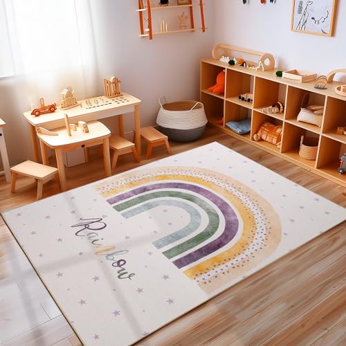 Teppich Kinderzimmer Creme Mädchen & Junge Flauschiger Kinderteppich Waschbar Weich Spielteppich Läufer Flur Carpet Teppich rutschfest Regenbogen Design, 140 x 200 cm von Carpettex Teppich