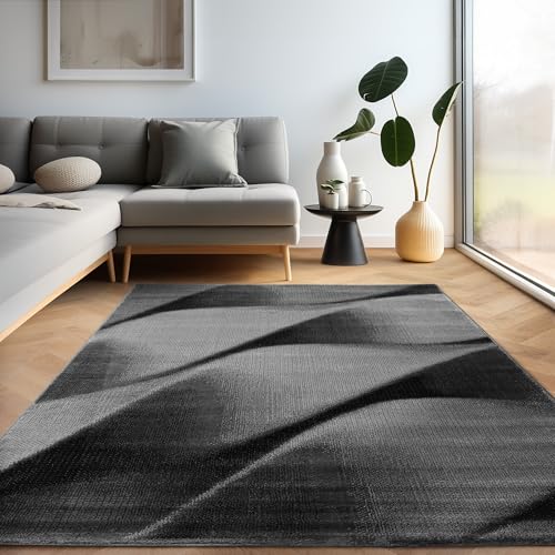 Teppich Wohnzimmer Schlafzimmer Modern Kurzflor Abstrakt Wellen Design Robust Weich, Farbe: Schwarz, Größe: 120 x 170 cm von Carpettex Teppich