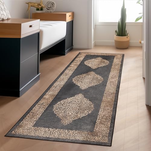 Waschbarer Teppich Flachgewebe Robust Barock Design Vintage Optik rutschfest Teppich Wohnzimmer, Farbe: Schwarz, Größe: 80 x 150 cm von Carpettex Teppich