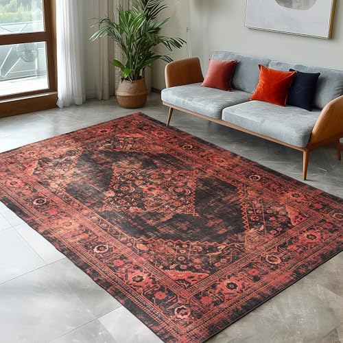 Carpettex Kurzflor Teppich Wohnzimmer 120 x 170 cm, Vintage Optik Orientalisch Design, in Rot - Orient Teppich, rutschfest, Waschbar und Weich - Ideal für Schlafzimmer, Esszimmer, Küche von Carpettex Teppich