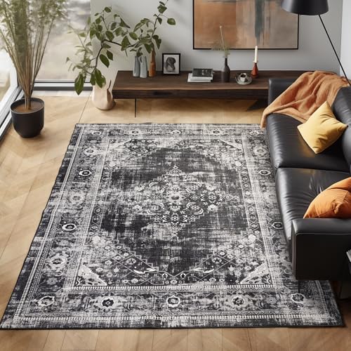 Waschbarer Teppich Flachgewebe Robust Modernes Design Vintage Optik rutschfest Teppich Wohnzimmer, Farbe: Schwarz, Größe: 160 x 230 cm Waschbarer Teppich Flachgewebe Robust Modernes Design Vintage Optik rutschfest Teppich Wohnzimmer, Farbe: Schwarz, Größe: 160 x 230 cm von Carpettex Teppich