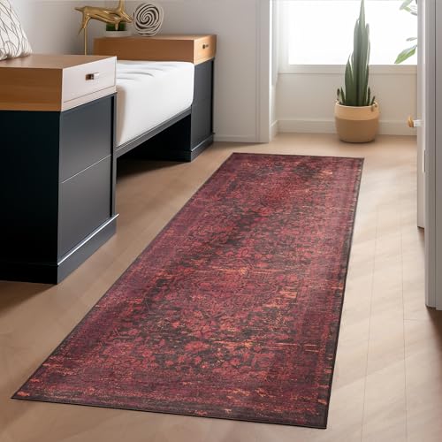 Waschbarer Teppich Flachgewebe Robust Orientalisch Design Vintage Optik rutschfest Teppich Wohnzimmer, Farbe: Rot, Größe: 80 x 150 cm von Carpettex Teppich