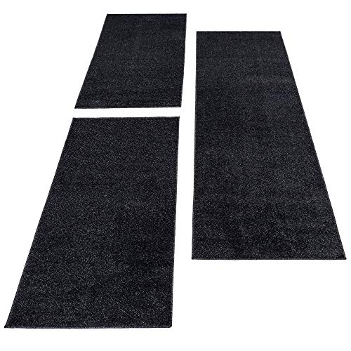 Carpettex Bettumrandung Schlafzimmer 3teilig Kurzflor Teppich Einfarbig Design Anthrazit Bettset:2 mal 60x100 + 1 mal 80x250 - Bettvorleger Schlafzimmer Läufer Set Weicher Bettumrandung Teppich von Carpettex Teppich