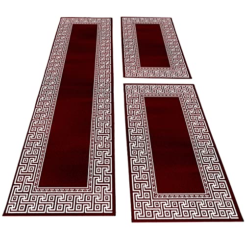 Carpettex Bettumrandung Schlafzimmer 3teilig Kurzflor Teppich Mäander Optik Bordüre Muster Rot Bettset:2 mal 80x150 cm + 1 mal 80x300 cm - Bettvorleger Schlafzimmer Läufer Set Bettumrandung Teppich von Carpettex