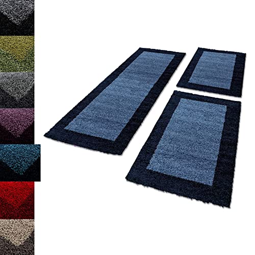 Carpettex Bettumrandung Schlafzimmer 3teilig Shaggy Teppich Hochflor Bordüre Muster Marineblau Bettset:2 mal 60x110 + 1 mal 80x150 - Bettvorleger Schlafzimmer Läuferset Langflor Bettumrandung Teppich von Carpettex