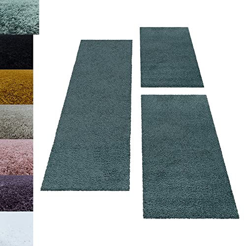 Carpettex Bettumrandung Schlafzimmer 3teilig Shaggy Teppich Hochflor Einfarbig Aqua Bettset:2 mal 60x110 + 1 mal 80x150 - Bettvorleger Schlafzimmer Läufer Set Weich Flauschiger Bettumrandung Teppich von Carpettex