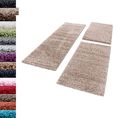 Carpettex Bettumrandung Schlafzimmer 3teilig Shaggy Teppich Hochflor Einfarbig Beige Bettset:2 mal 80x150 + 1 mal 80x250 - Bettvorleger Schlafzimmer Läuferset Weicher Flauschig Bettumrandung Teppich von Carpettex