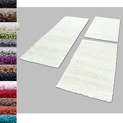 Carpettex Bettumrandung Schlafzimmer 3teilig Shaggy Teppich Hochflor Einfarbig Creme Bettset:2 mal 100x200 + 1 mal 80x250 - Bettvorleger Schlafzimmer Läuferset Weicher Flauschig Bettumrandung Teppich von Carpettex