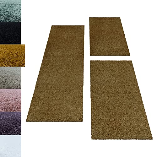 Carpettex Bettumrandung Schlafzimmer 3teilig Shaggy Teppich Hochflor Einfarbig Gold Bettset:2 mal 60x110 + 1 mal 80x250 - Bettvorleger Schlafzimmer Läufer Set Weich Flauschiger Bettumrandung Teppich von Carpettex