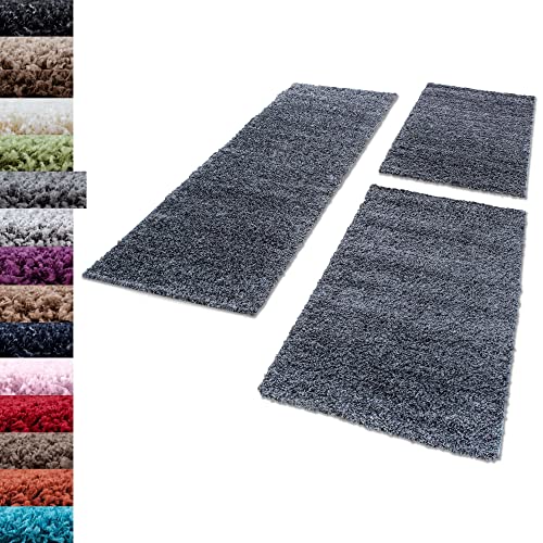 Carpettex Bettumrandung Schlafzimmer 3teilig Shaggy Teppich Hochflor Einfarbig Grau Bettset:2 mal 60x110 + 1 mal 80x250 - Bettvorleger Schlafzimmer Läuferset Weicher Flauschig Bettumrandung Teppich von Carpettex