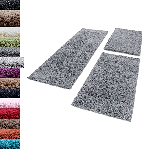 Carpettex Bettumrandung Schlafzimmer 3teilig Shaggy Teppich Hochflor Einfarbig Hellgrau Bettset:2 mal 60x110 + 1 mal 80x250 - Bettvorleger Schlafzimmer Läuferset Weich Flauschig Bettumrandung Teppich von Carpettex