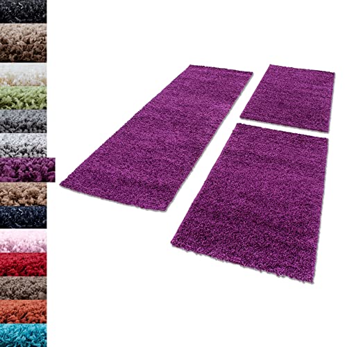 Carpettex Bettumrandung Schlafzimmer 3teilig Shaggy Teppich Hochflor Einfarbig Lila Bettset:2 mal 80x150 + 1 mal 100x200 - Bettvorleger Schlafzimmer Läuferset Weicher Flauschig Bettumrandung Teppich von Carpettex