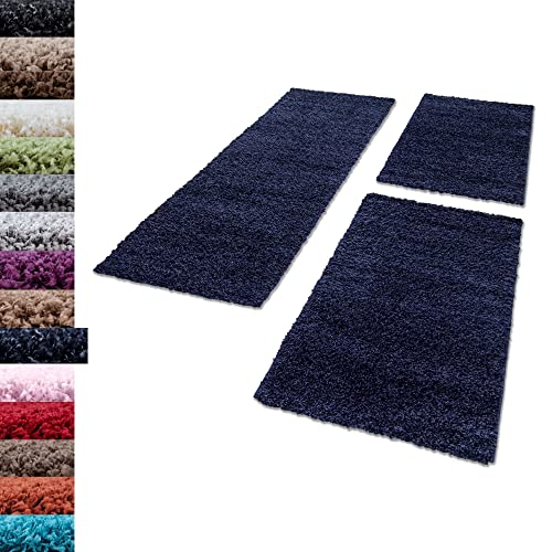 Carpettex Bettumrandung Schlafzimmer 3teilig Shaggy Teppich Hochflor Einfarbig Marineblau Bettset:2 mal 80x150 + 1 mal 80x250 - Bettvorleger Schlafzimmer Läuferset Flauschiger Bettumrandung Teppich von Carpettex